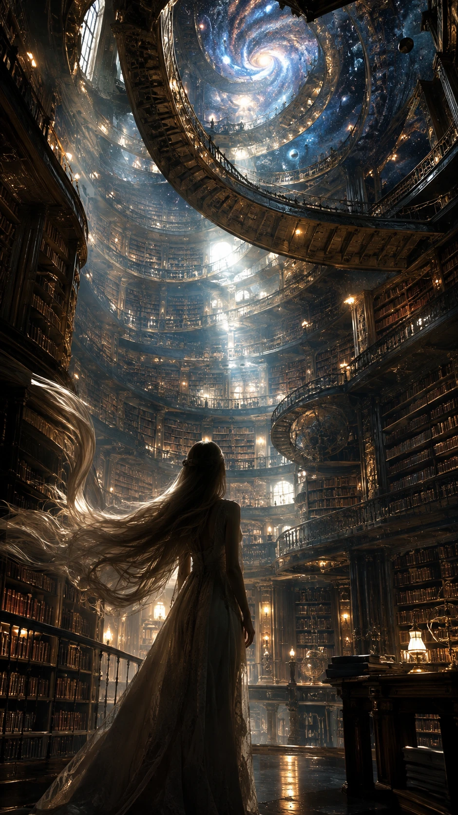 Die Silhouette einer Frau vor einer spiralförmigen kosmischen Bibliothek