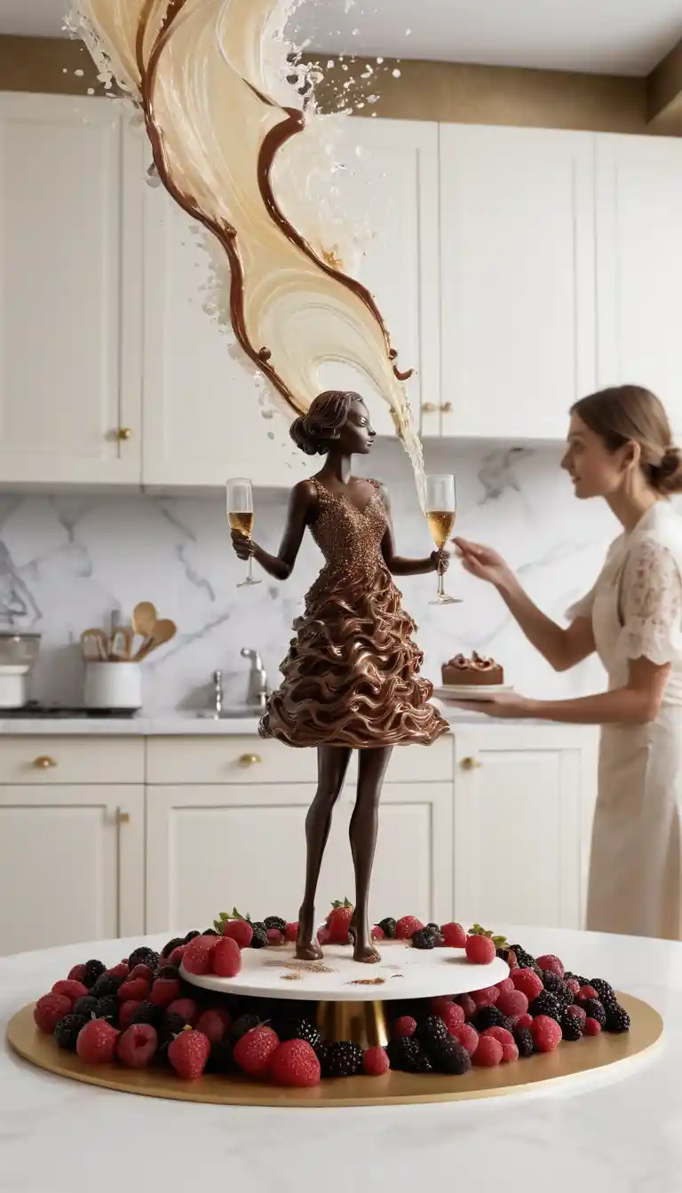 Uma mulher surge entre champanhe, chocolate e creme em redemoinho numa cozinha acolhedora