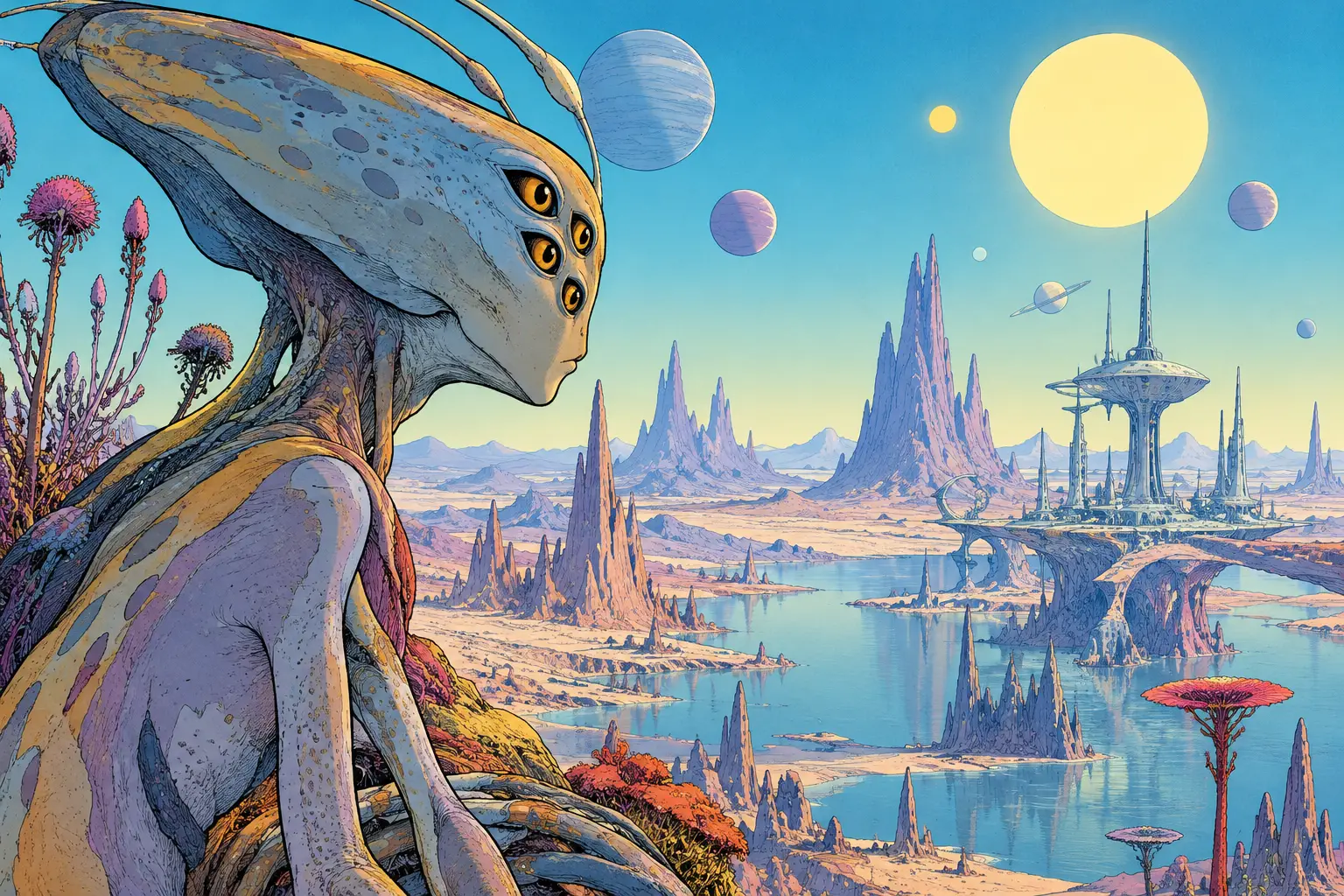 Ein Alien im Seitenprofil blickt über eine fremdartige, farbenfrohe Landschaft