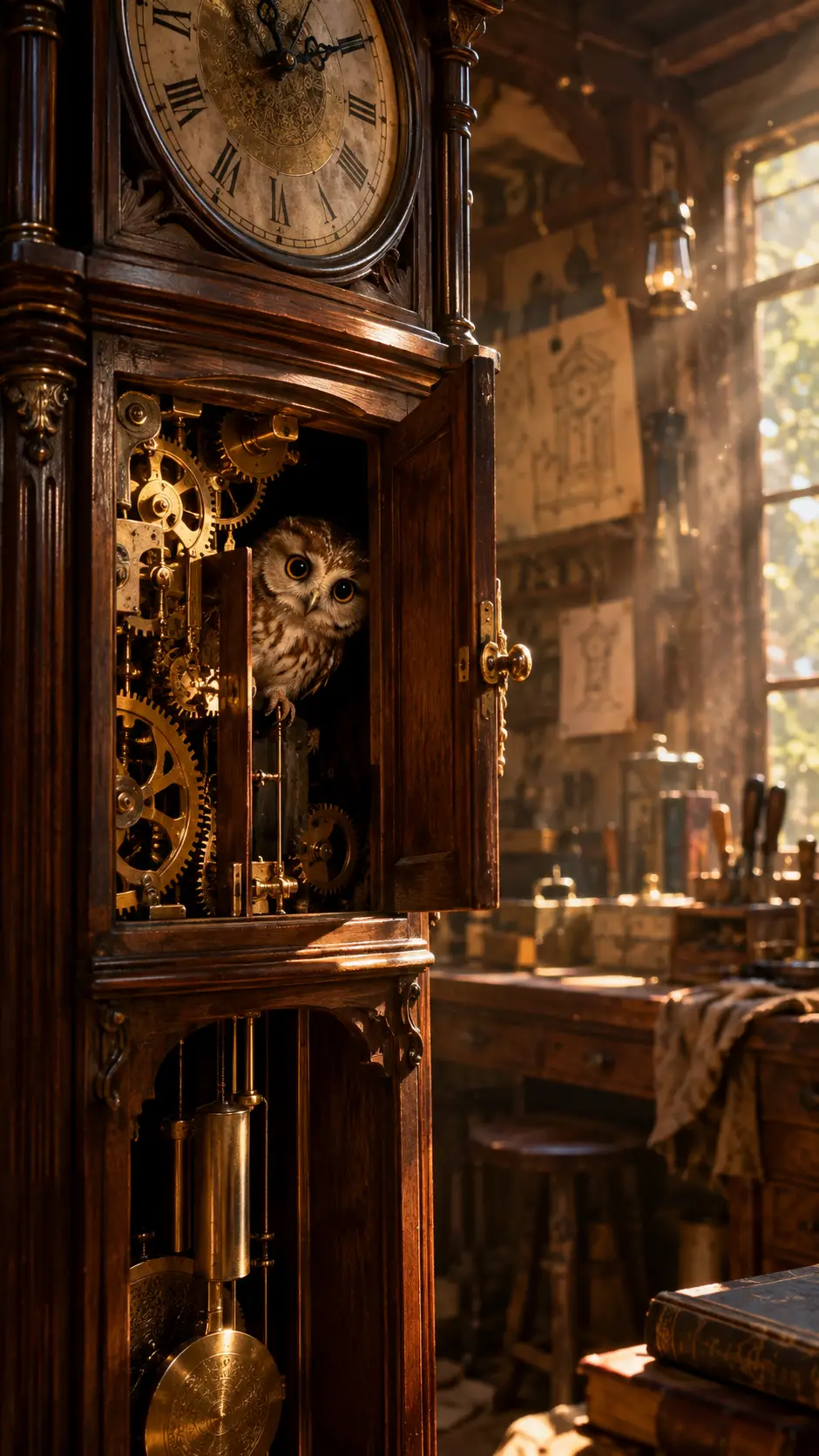 A tiny owl emerges from an open antique grandfather clock