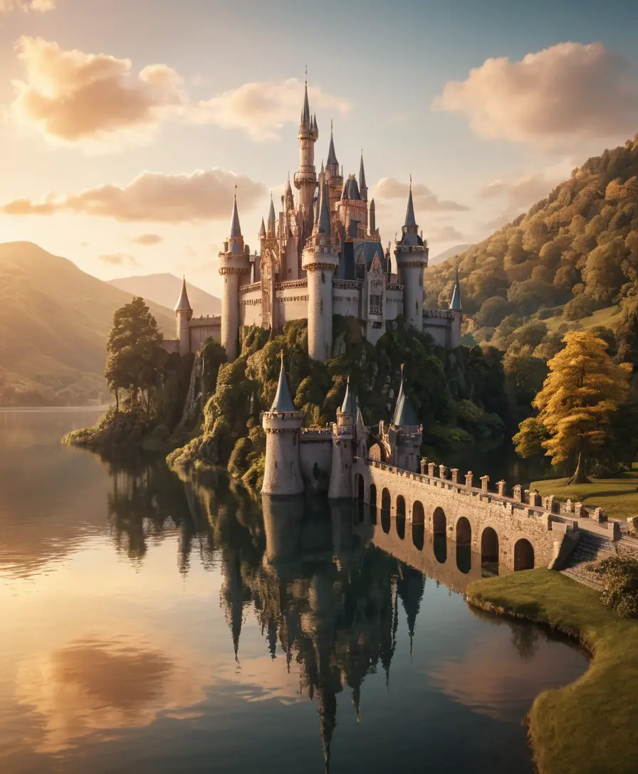 Un castello da fiaba si erge oltre una strada rialzata che attraversa il lago