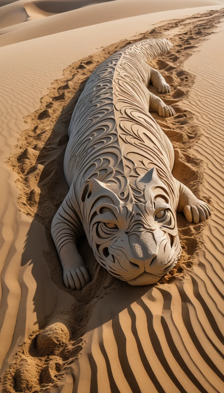 A silhueta de um tigre deitado surge de uma duna de areia no deserto