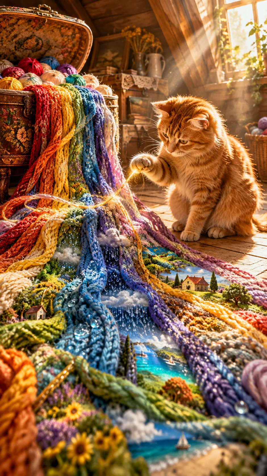Un chat roux curieux est assis devant un immense arc-en-ciel tricoté