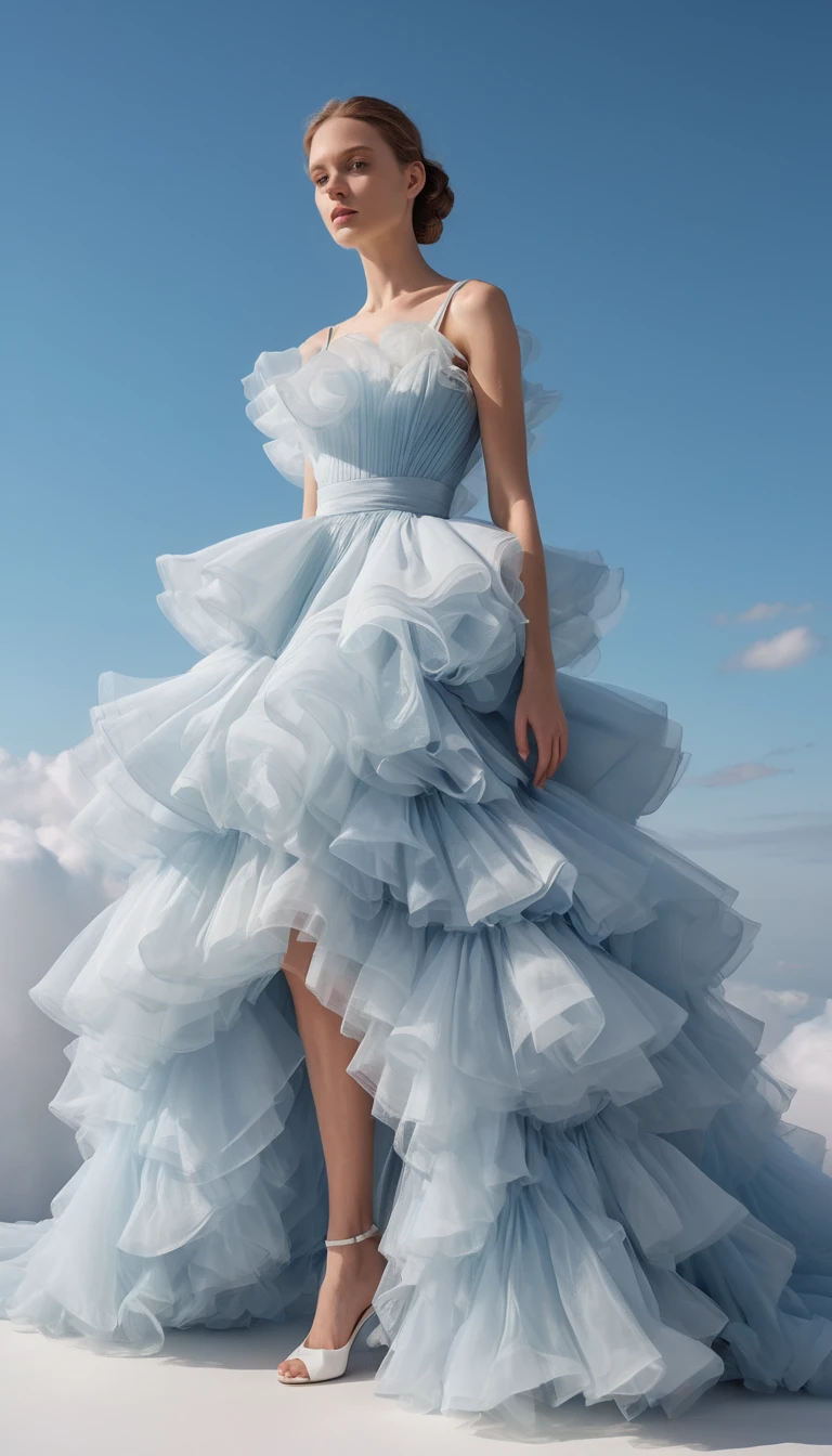 Una modella con un abito scultoreo in tulle sotto un cielo blu intenso