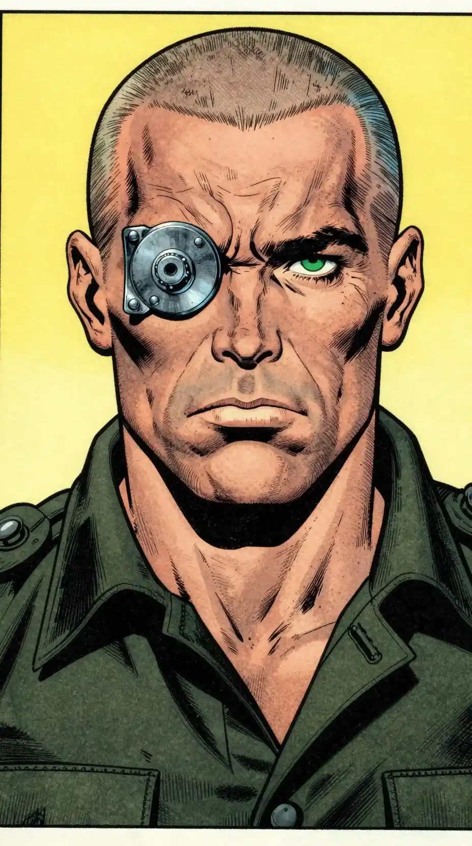 Um homem austero com uma placa de metal aparafusada sobre um dos olhos