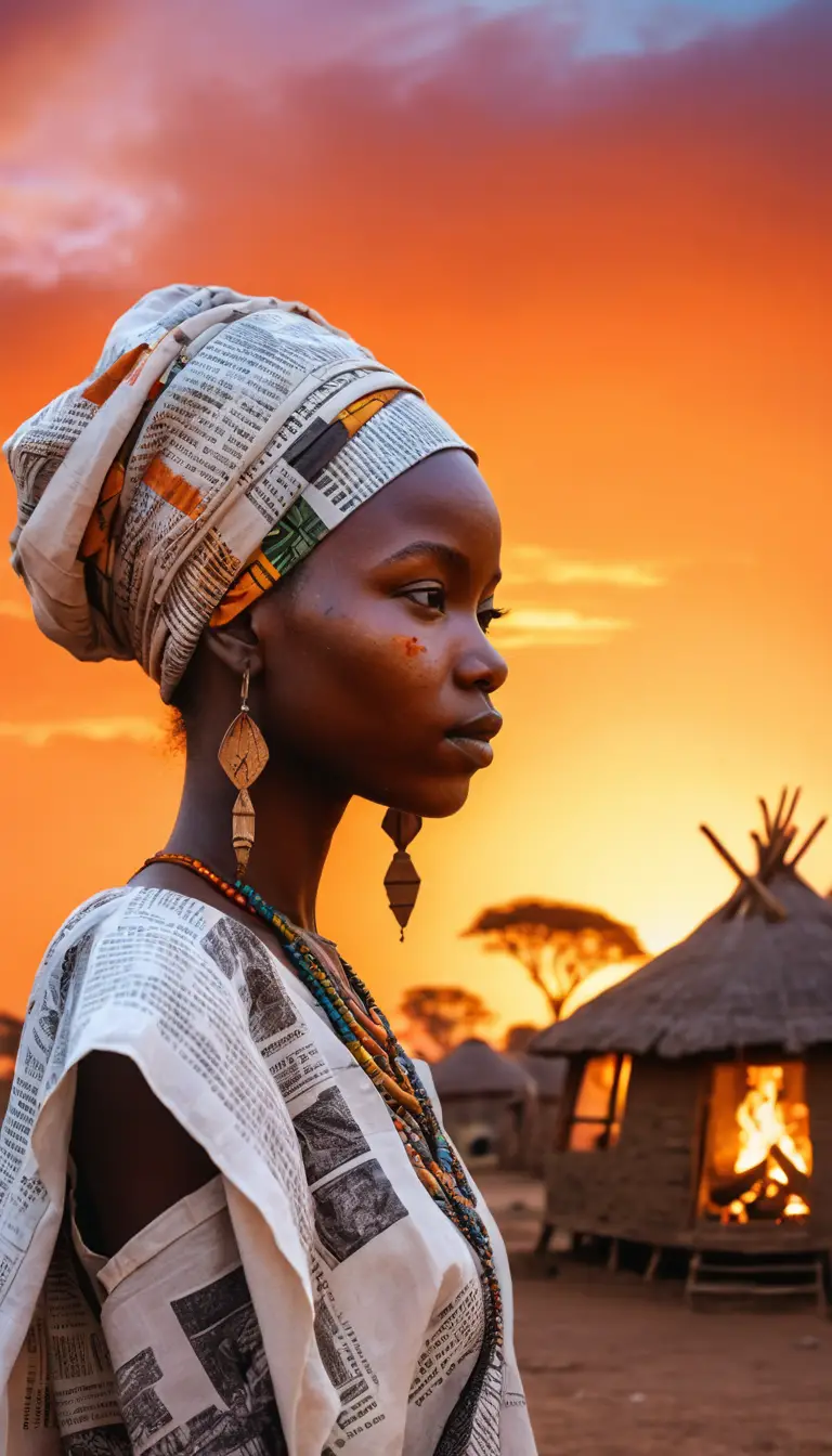 Das Gesicht eines afrikanischen Mädchens verschmilzt in einer Doppelbelichtung mit einem Tanz am Lagerfeuer