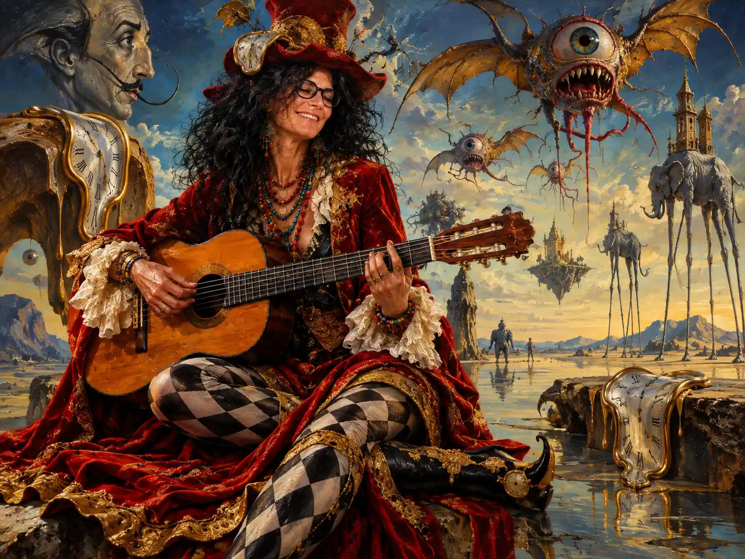 Um homem excêntrico com roupas extravagantes e monstros voadores em uma pintura surrealista