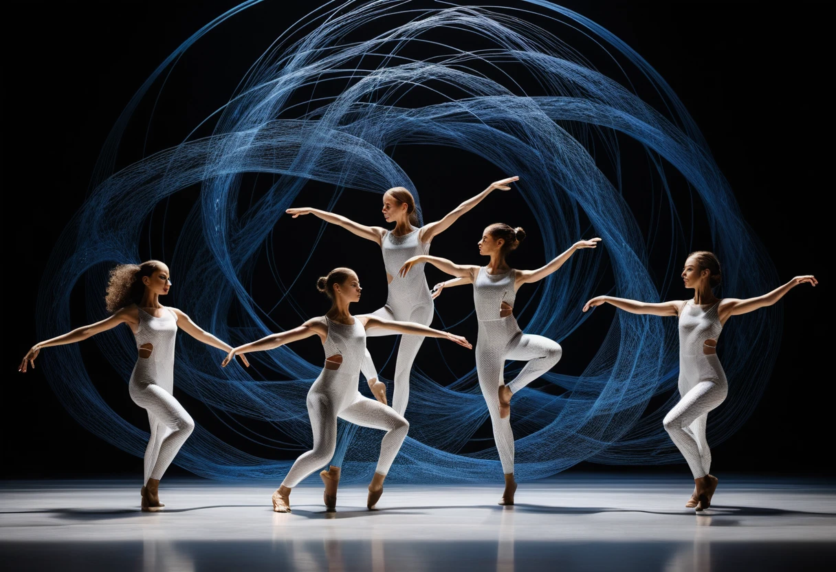Cinco dançarinas apresentam uma coreografia dinâmica em meio a movimentos digitais fluidos