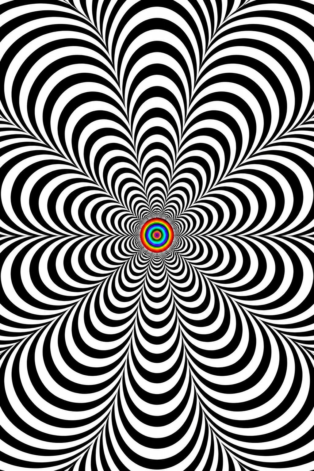Op art en noir et blanc avec un mandala arc-en-ciel au centre