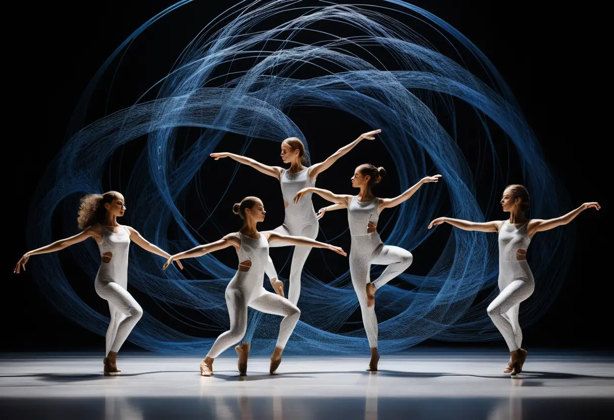 Cinco bailarinas interpretan una coreografía dinámica entre movimientos digitales fluidos