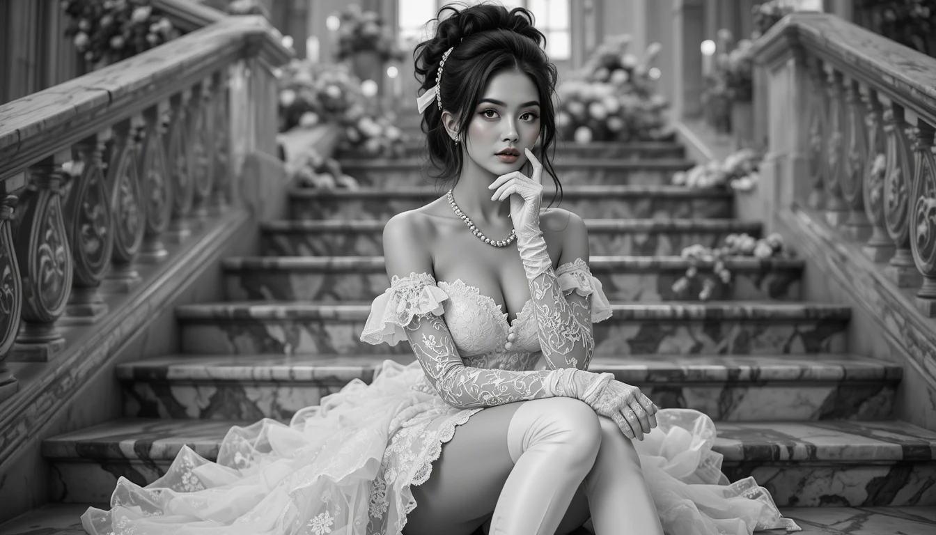 Une femme glamour assise en dentelle blanche raffinée sur un escalier en marbre