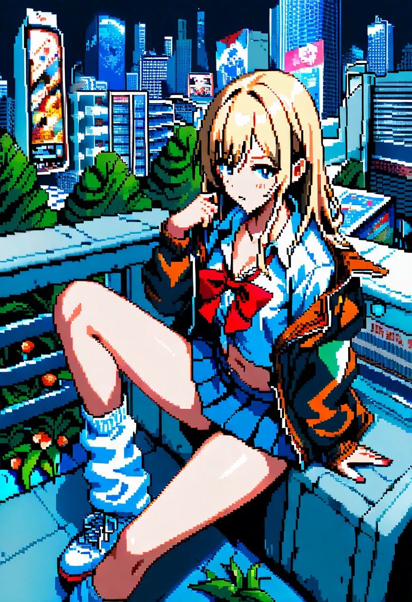 Uma garota de anime em pixel art surge em um cartão brilhante entre concreto tomado pela vegetação