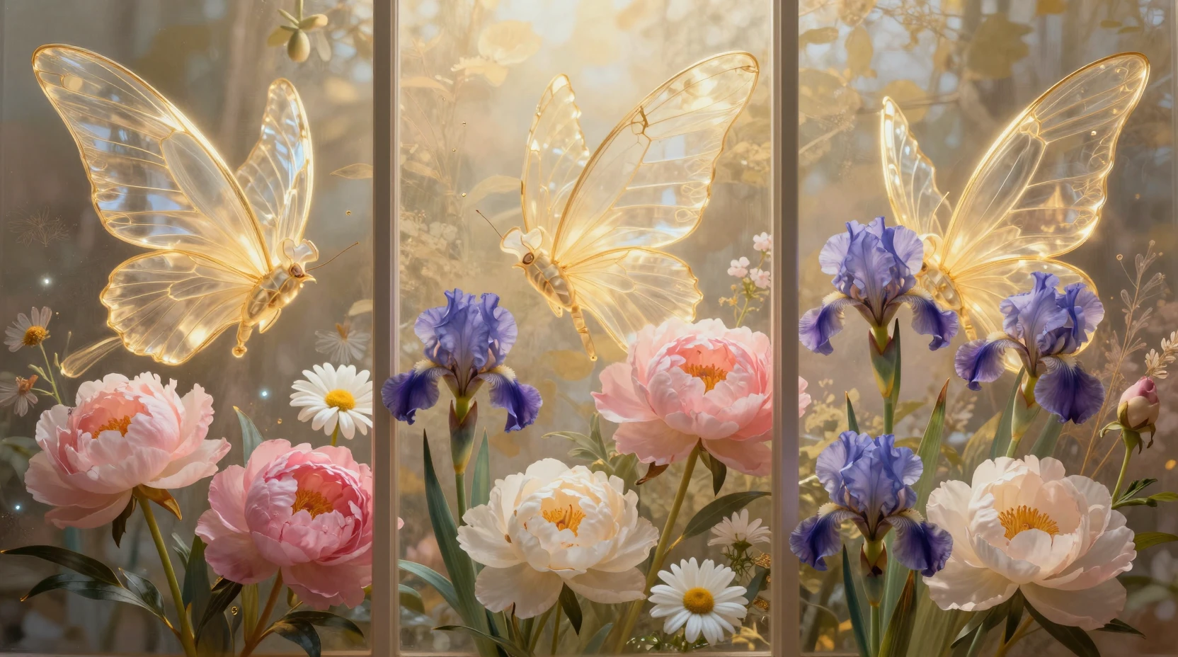 Ein Triptychon ätherischer Blumen in sanftem goldenem Licht
