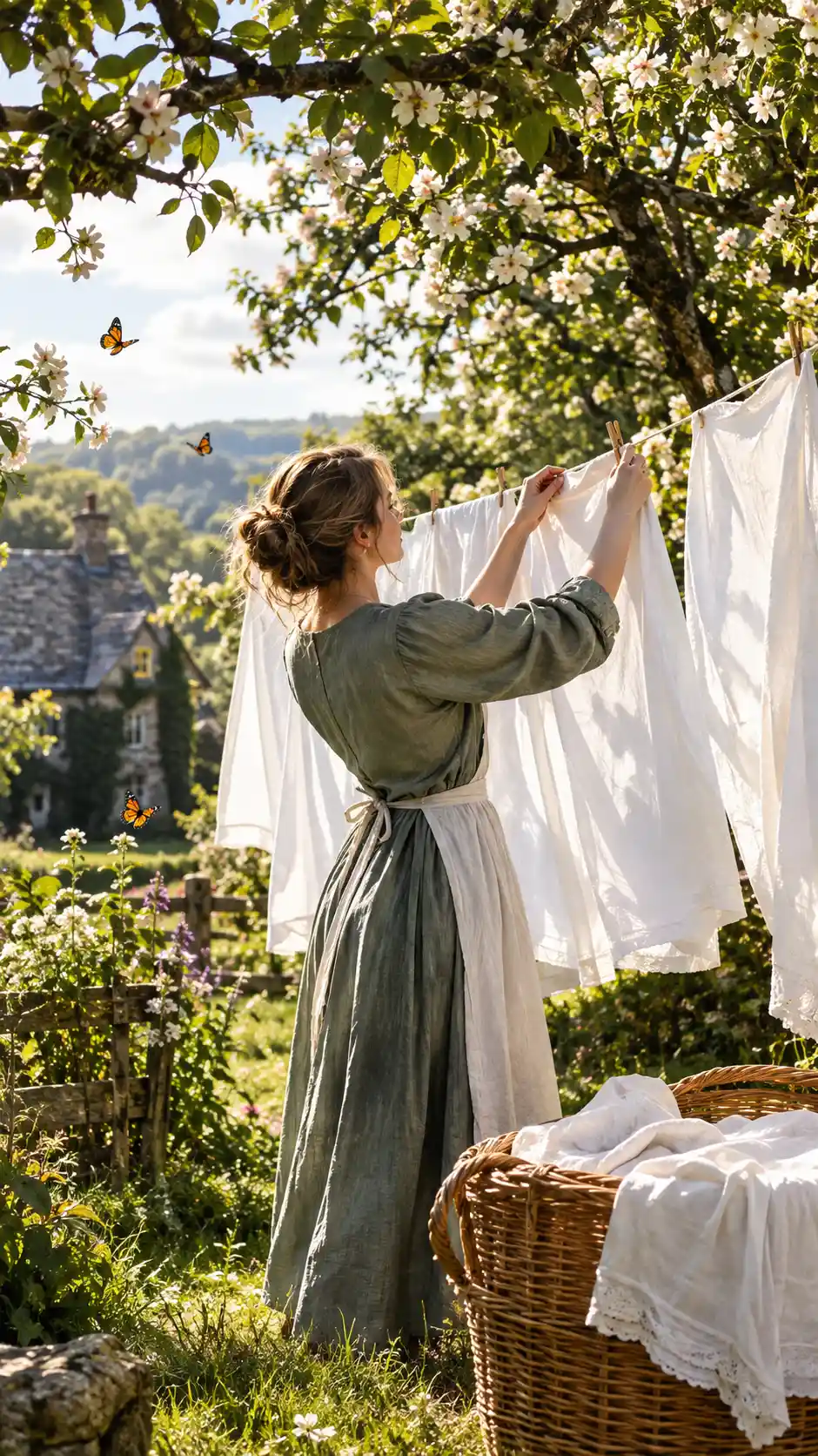 Uma mulher estende roupa lavada em um jardim florido no campo