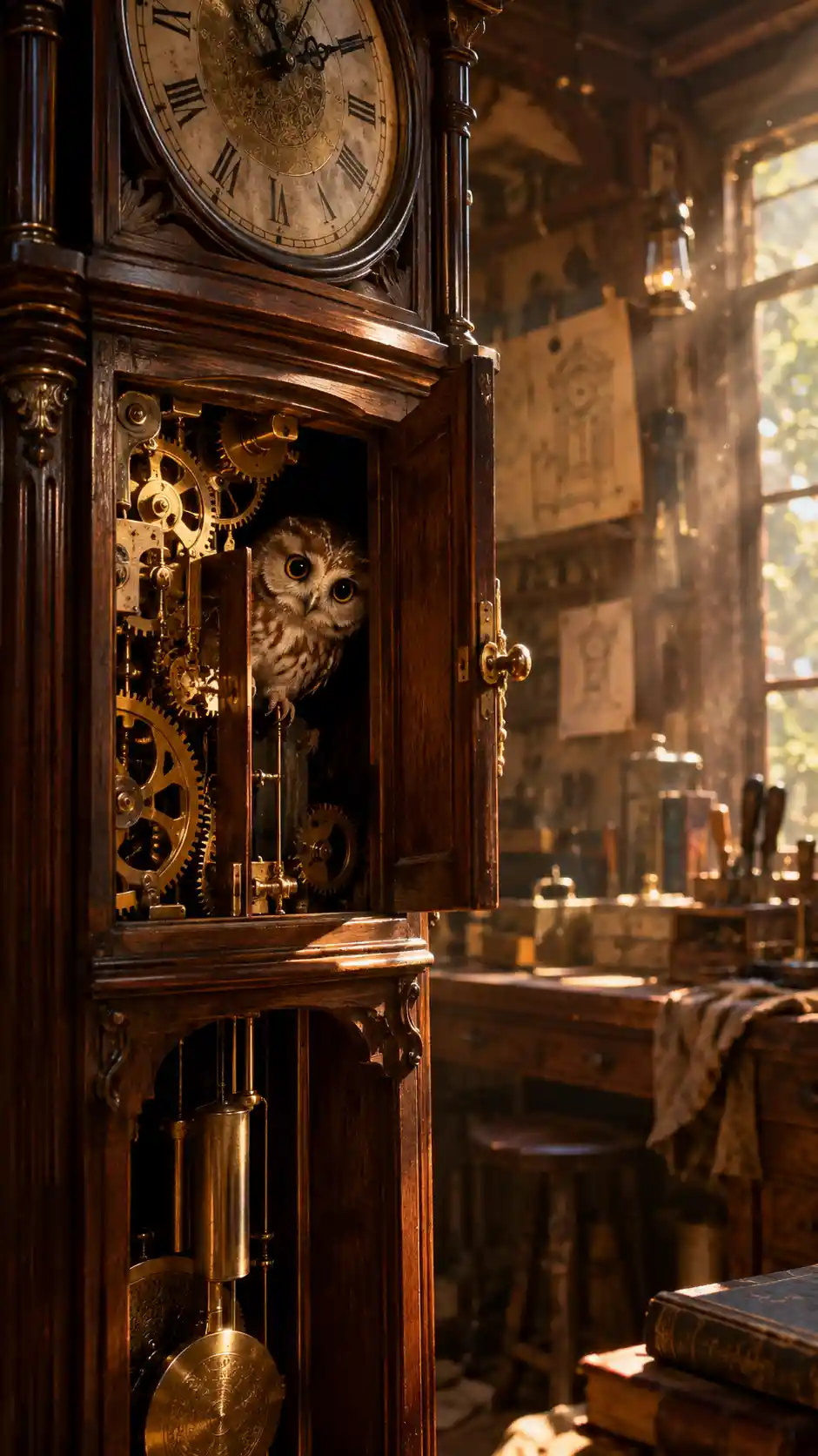 A tiny owl emerges from an open antique grandfather clock