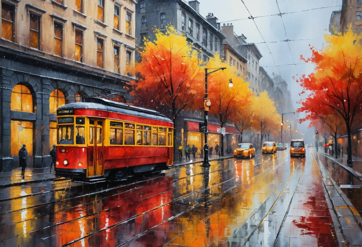 Un tramway rouge approche sous la pluie dans une rue d'automne