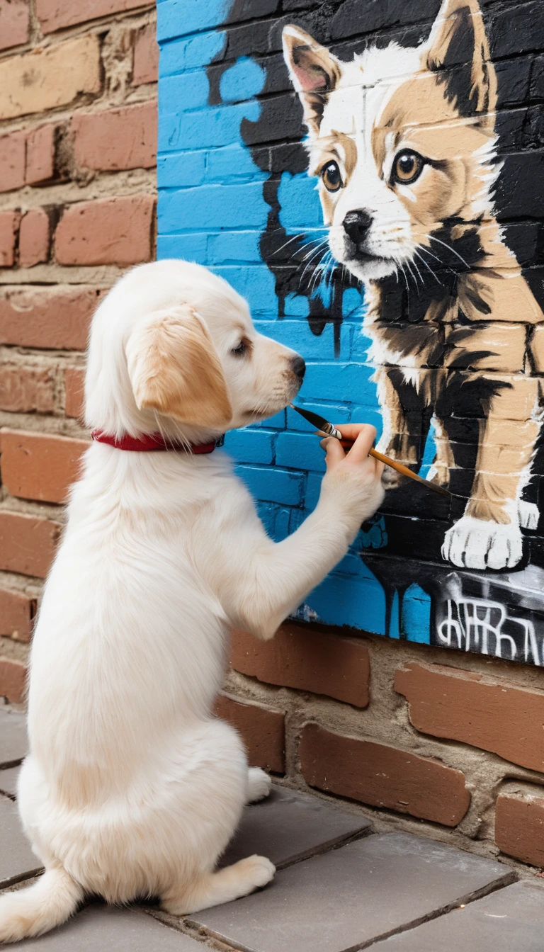 Un chiot ébouriffé peint le portrait d’un chaton sur un mur de briques