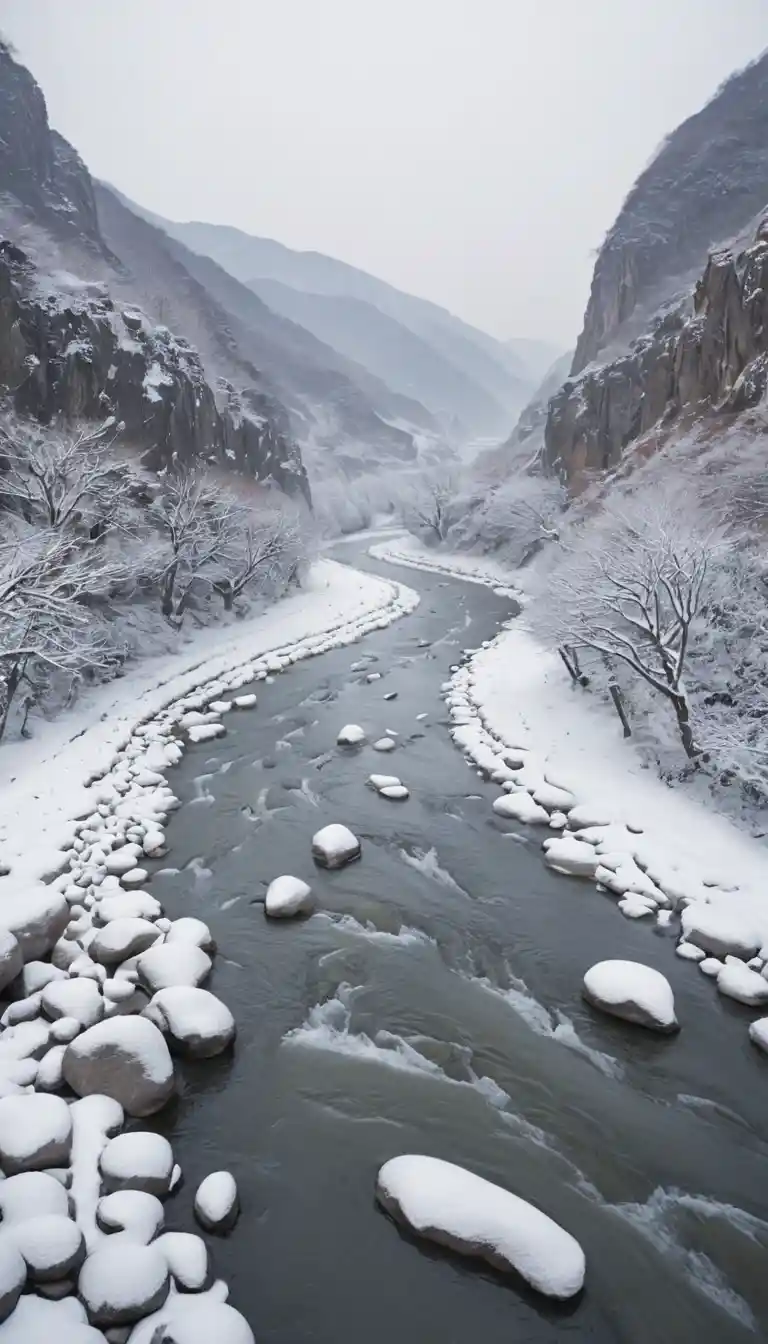 Um rio congelado serpenteia por um vale montanhoso coreano acidentado e coberto de neve