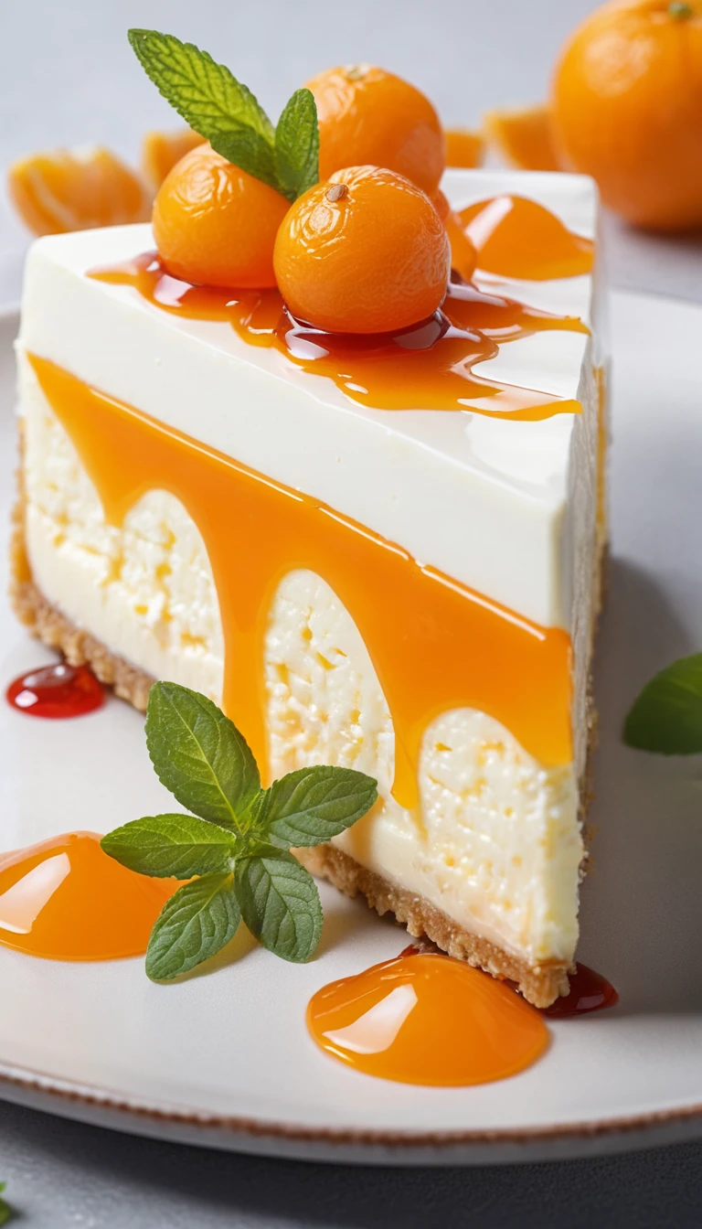 Dreieckiges Stück Quark-Käsekuchen mit Mandarinensauce, Gelee und Minze