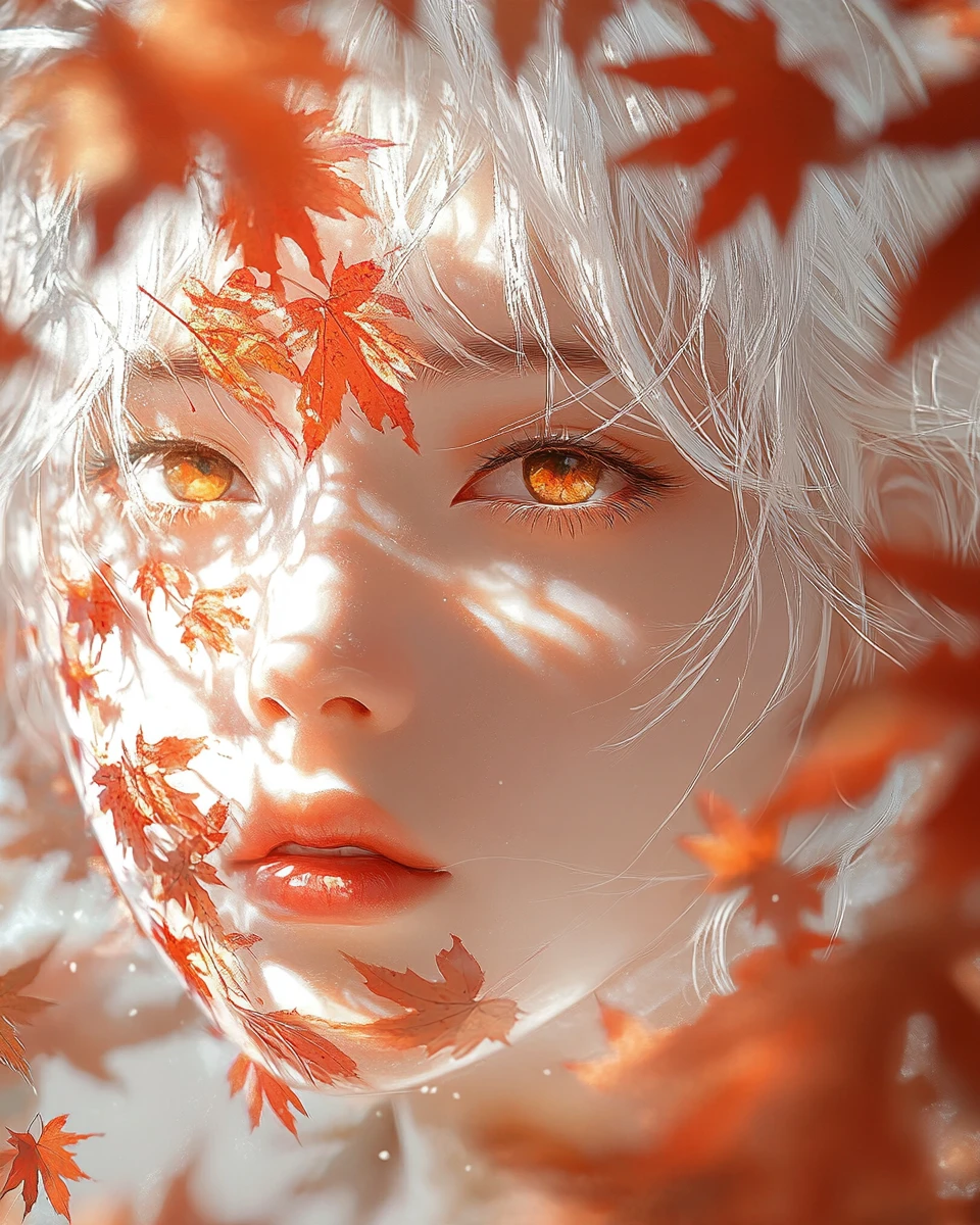 O rosto de uma mulher em estilo anime se mistura a folhas vibrantes de outono em close-up