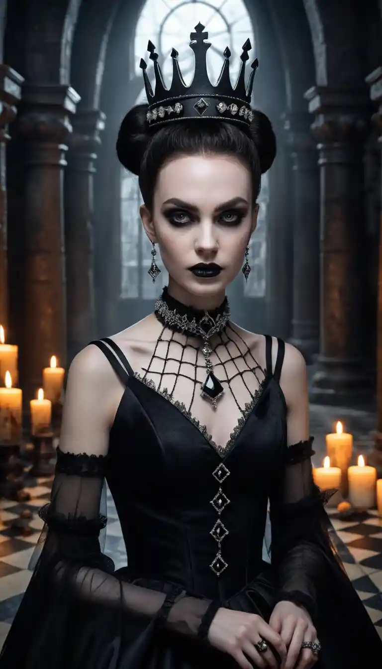 Uma mulher coroada, representando a rainha preta do xadrez, está numa sala gótica