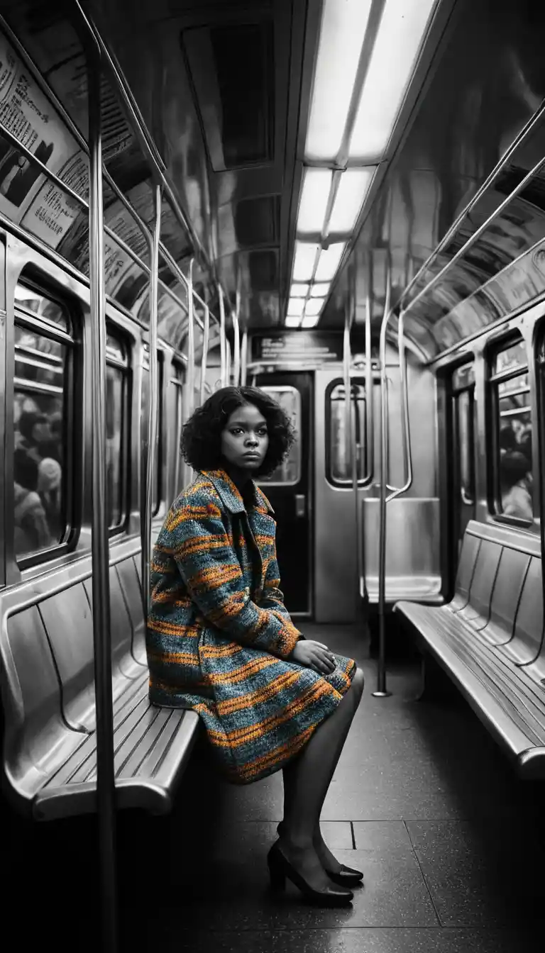 Uma mulher vestida com roupas coloridas senta-se entre passageiros em tons de cinza no metrô