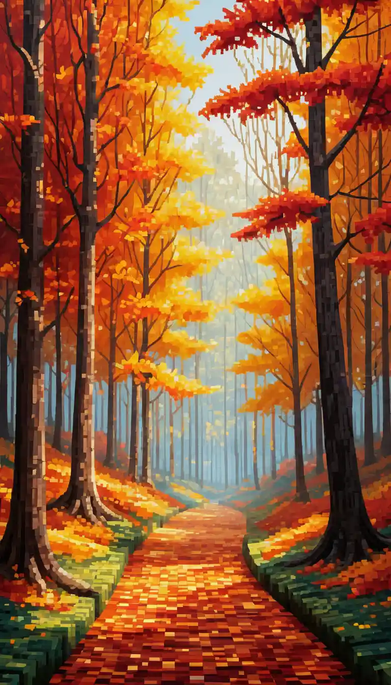 Uma floresta de outono em chamas, retratada em pixel art vibrante
