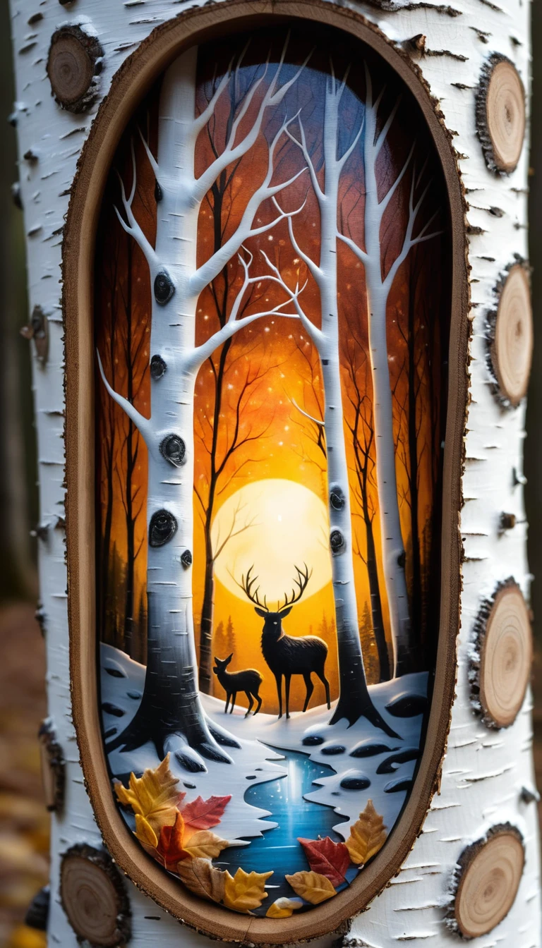 Airbrush-Kunst auf einem Birkenstamm zeigt einen verschneiten Miniaturwald