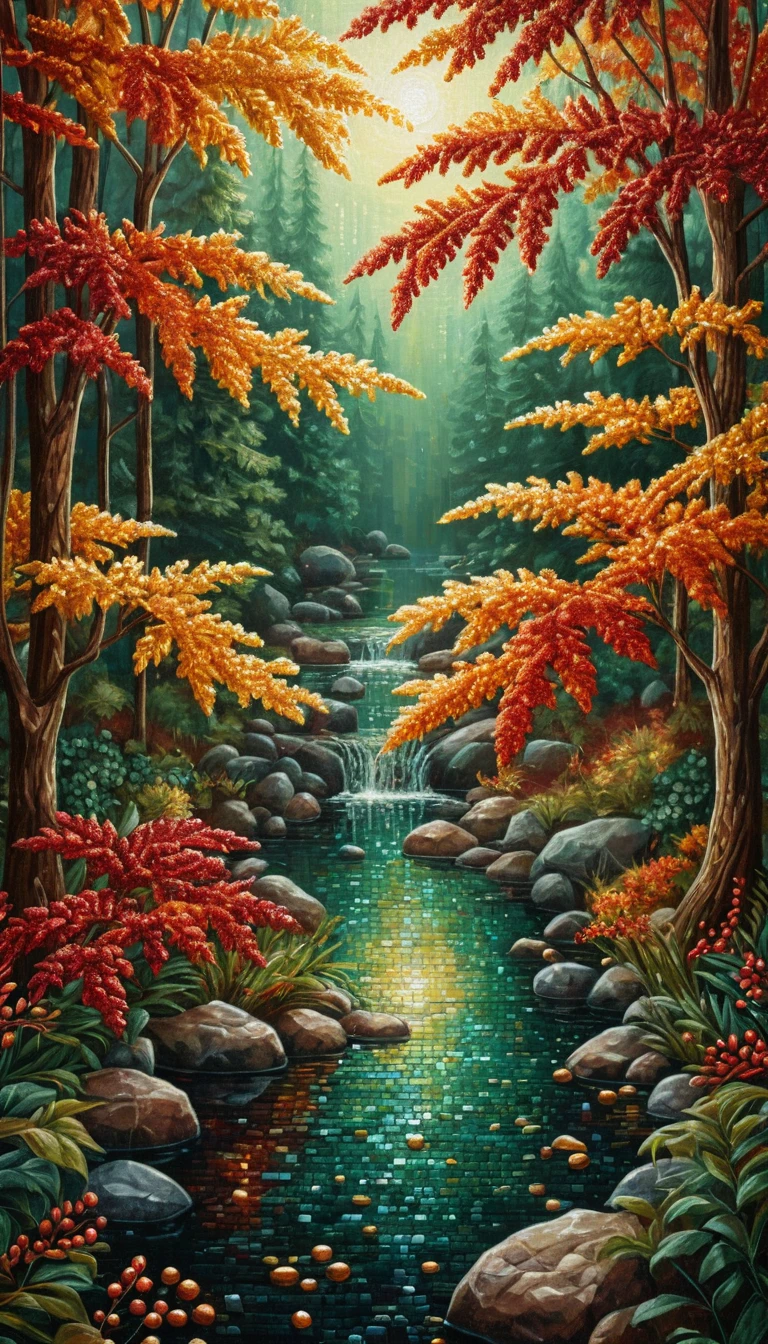 きらめくモザイクに描かれた黄金色の秋の葉と真紅のナナカマドの実