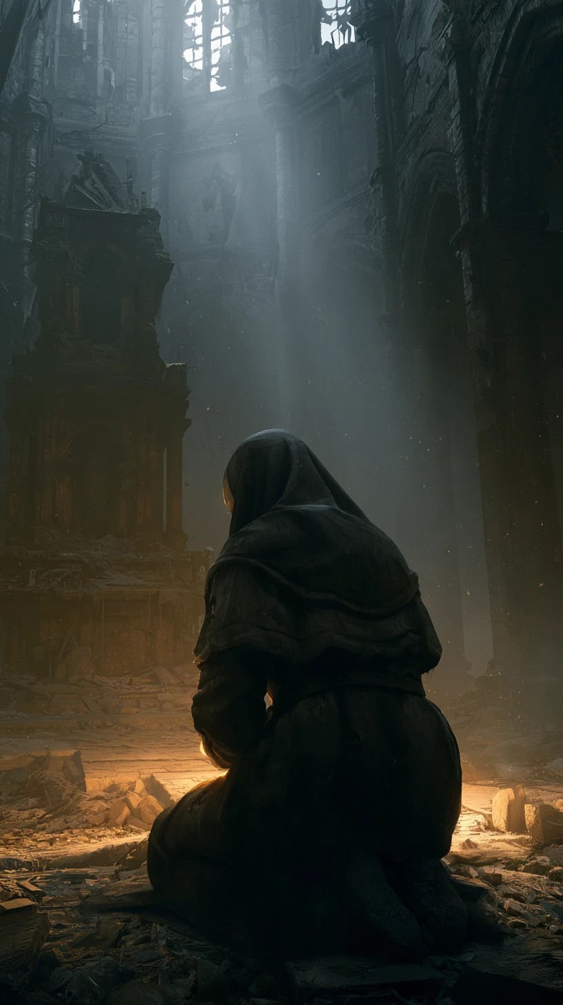 A battle-scarred nun kneels before a shattered altar in cathedral ruins