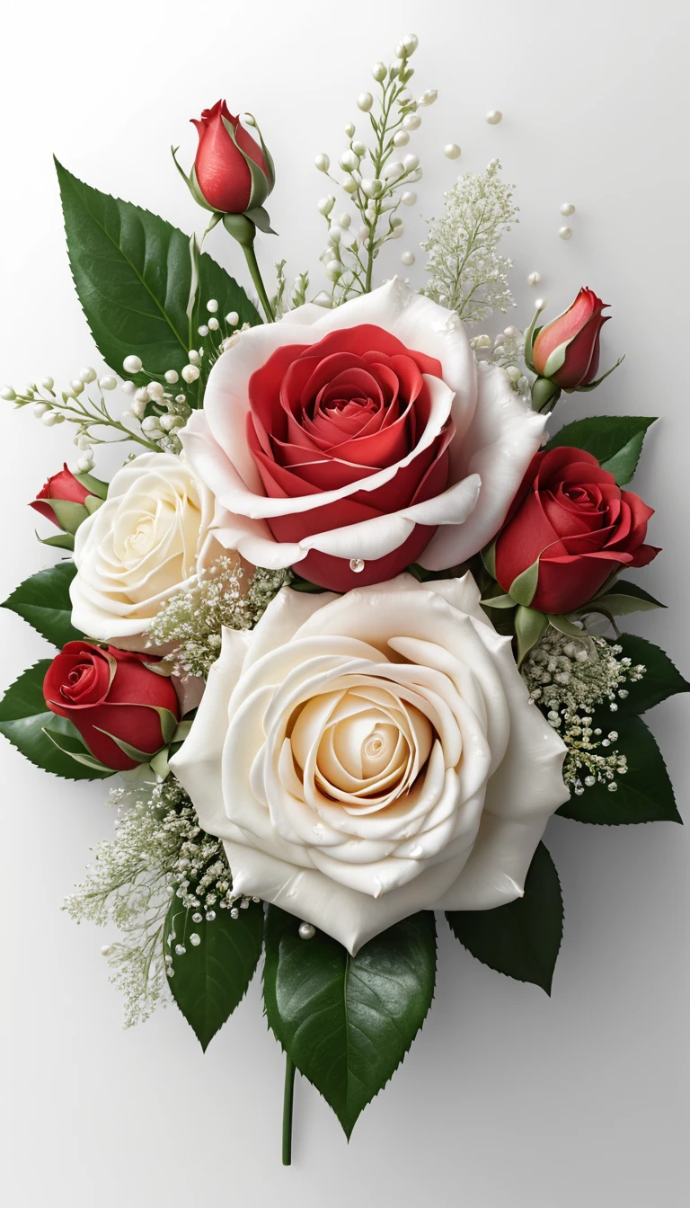 Scarlet and white roses form a bouquet with pearl and crystal accents