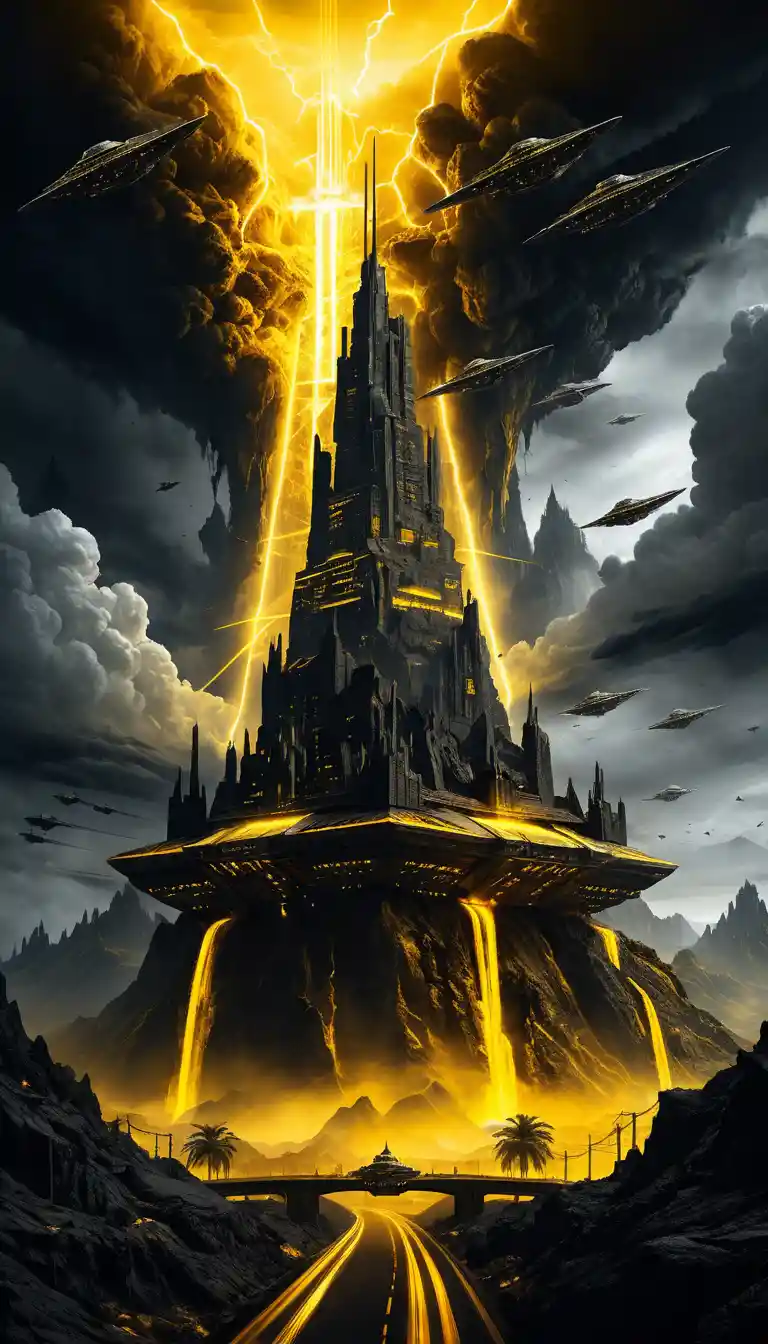 Uma colossal torre-fortaleza em forma de montanha domina a paisagem urbana futurista