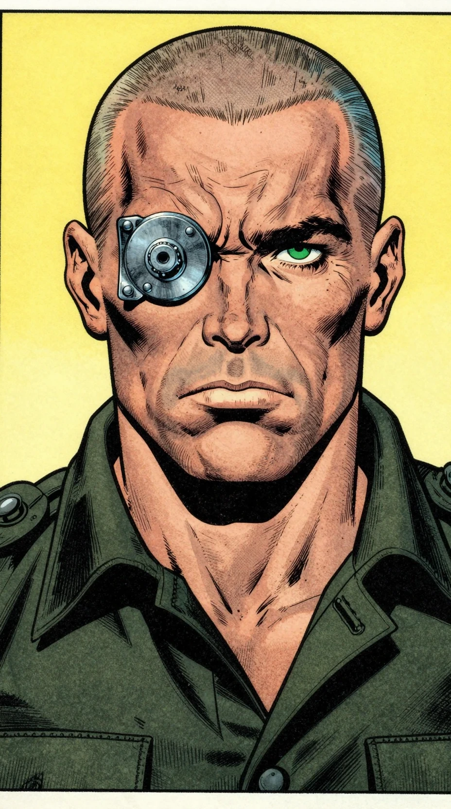 Um homem austero com uma placa de metal aparafusada sobre um dos olhos