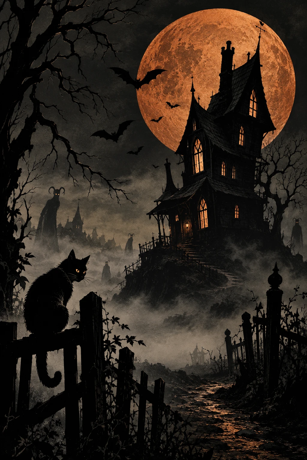 Una casa storta sotto una luna color rame in una fiaba gotica