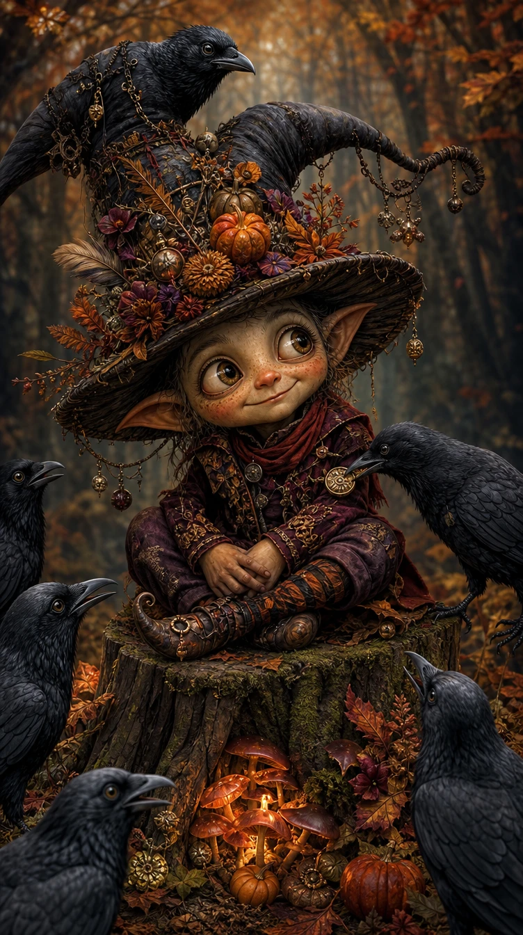Um goblin da floresta senta-se com corvos astutos num toco coberto de musgo