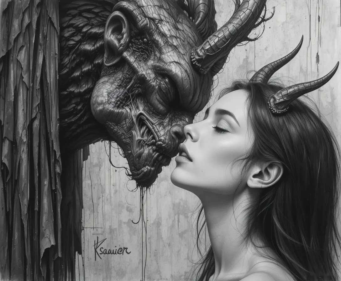 若い女性が見上げる、そのすぐ上で角のある悪魔が身をかがめている