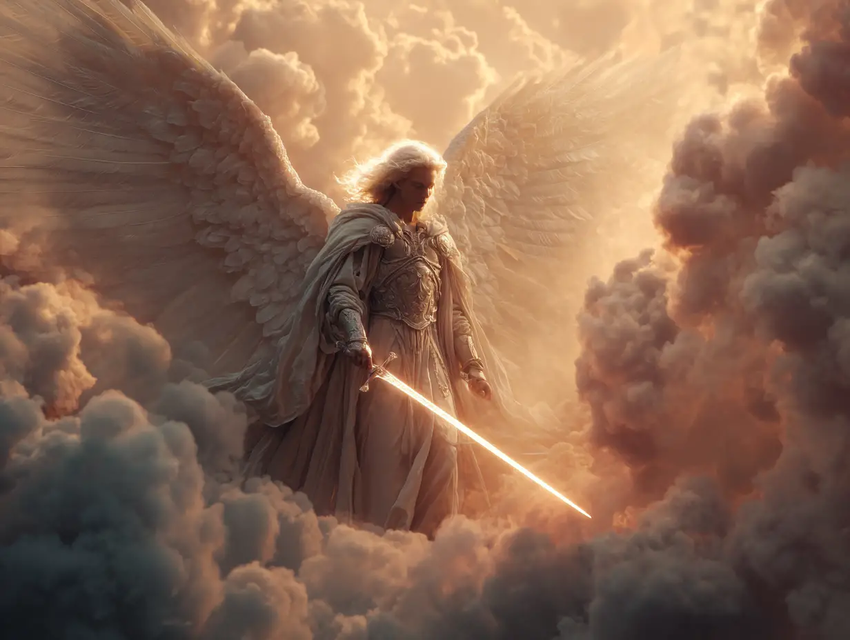 A winged angel raises a glowing sword above a dramatic sunset cloudscape