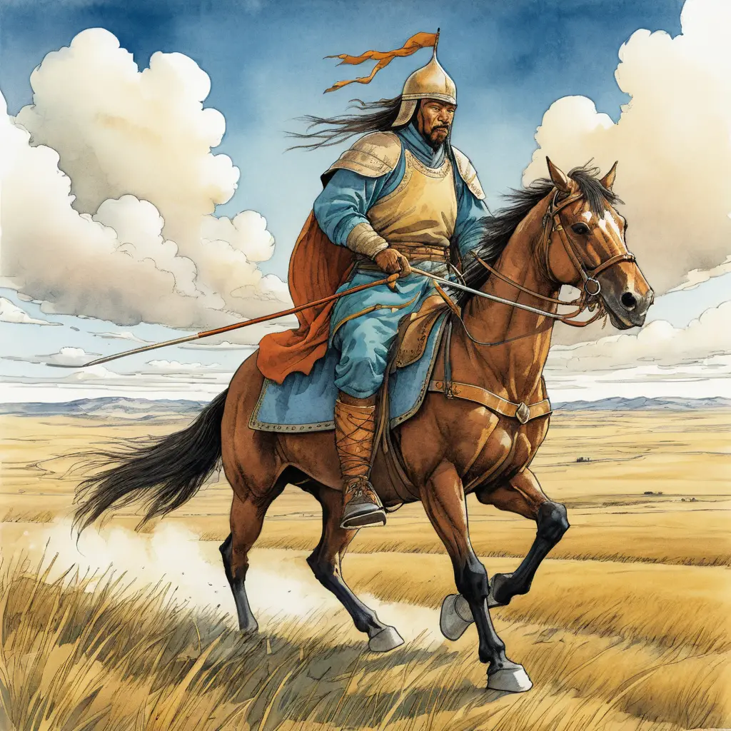 A Mongol warrior gallops across the Central Asian steppe on horseback