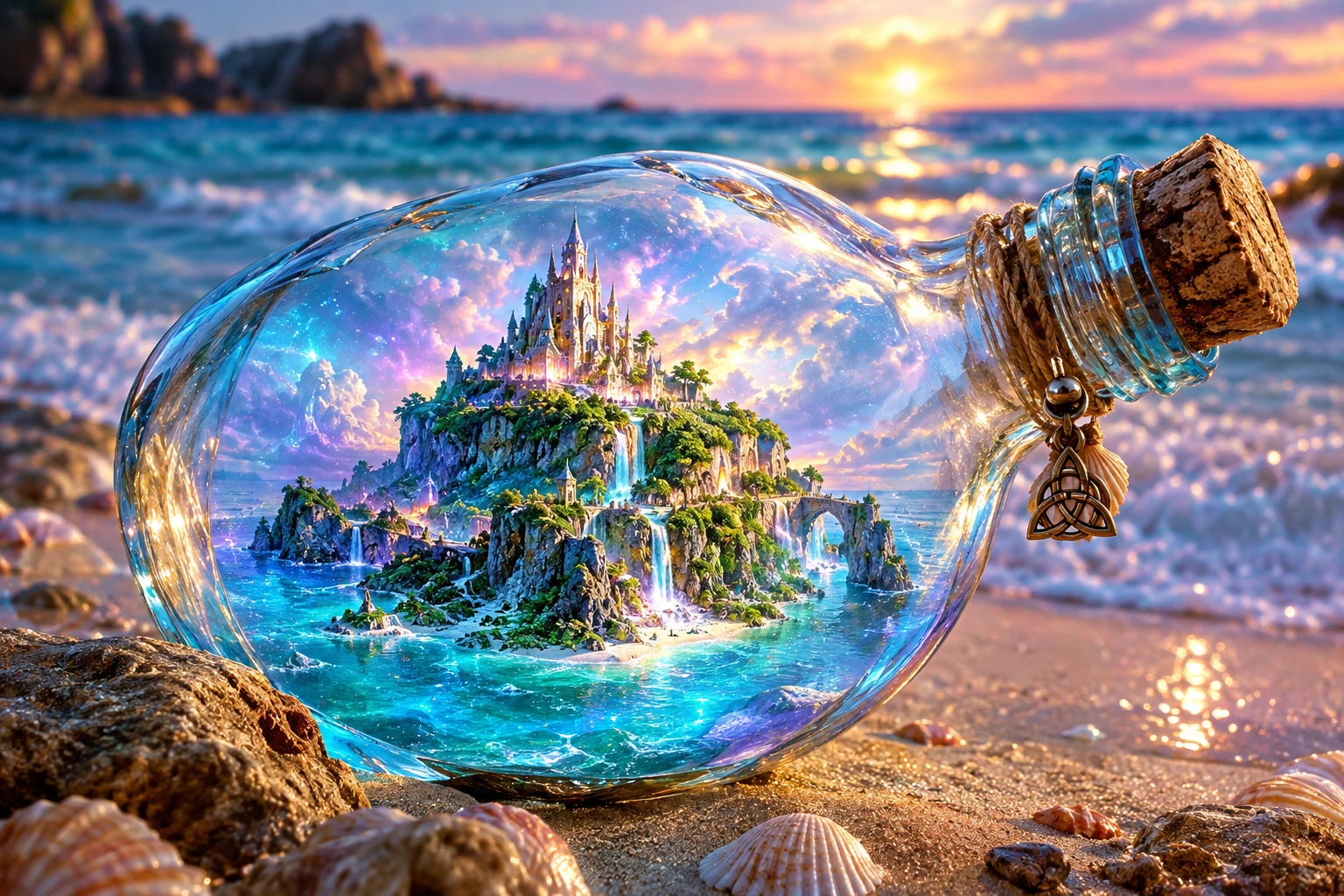A tiny island rests inside a glass bottle on the beach