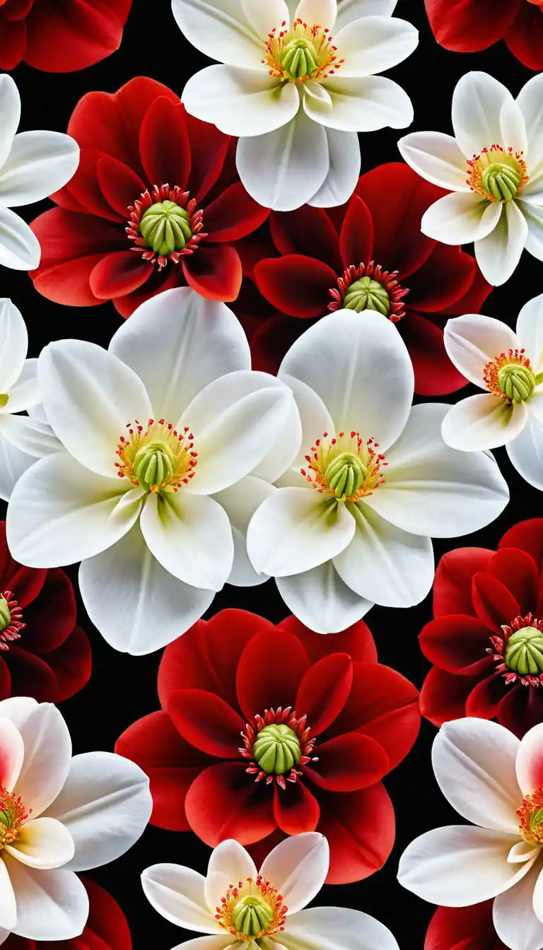 Une fleur double écarlate et crème aux marques noires prononcées sur les pétales