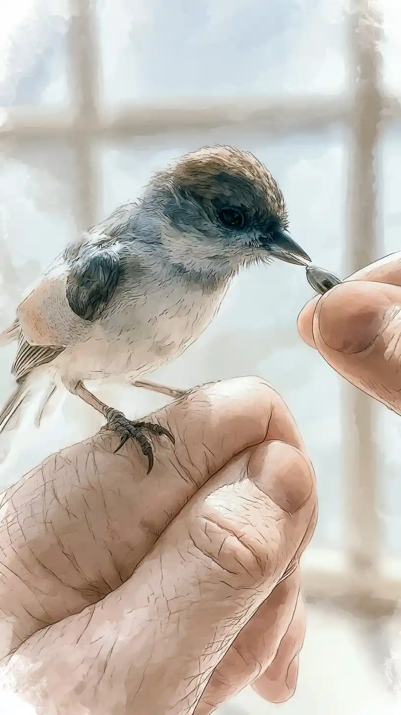 Un uccellino con l'ala fasciata riceve un seme da una mano gentile