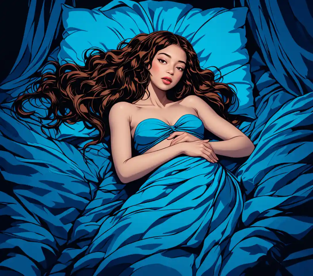 A sleeping woman reclines beneath turquoise drapery on blue bedding