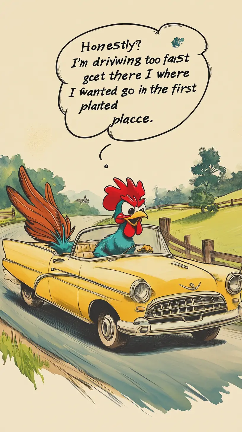 A startled rooster speeds along a winding country road in a vintage convertible