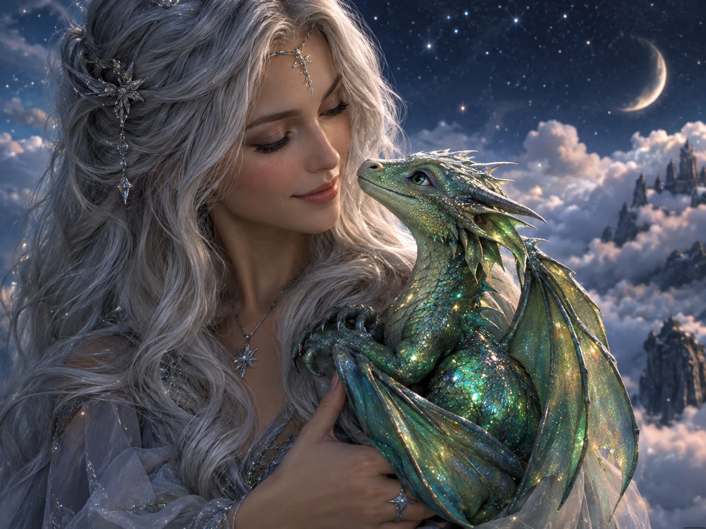Uma mulher de cabelos prateados aconchega um pequeno dragão sob um céu estrelado