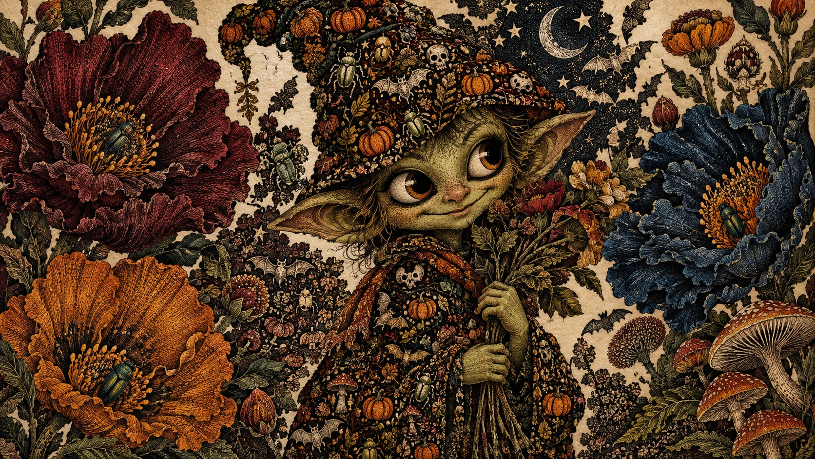 Um florista goblin rodeado por enormes flores fantásticas
