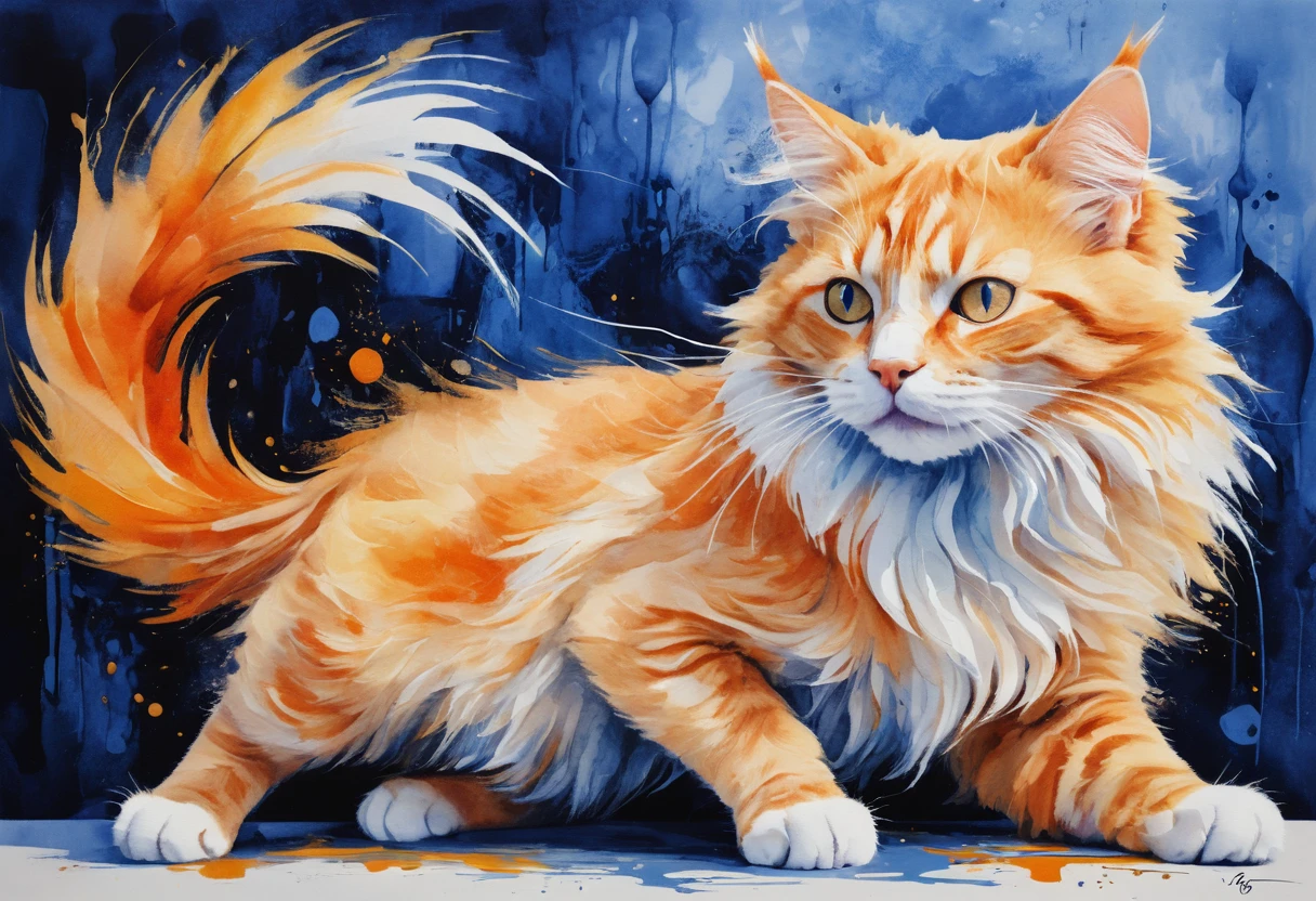 Eine flauschige orangefarbene Katze streckt sich vor einem leuchtenden abstrakten blauen Hintergrund
