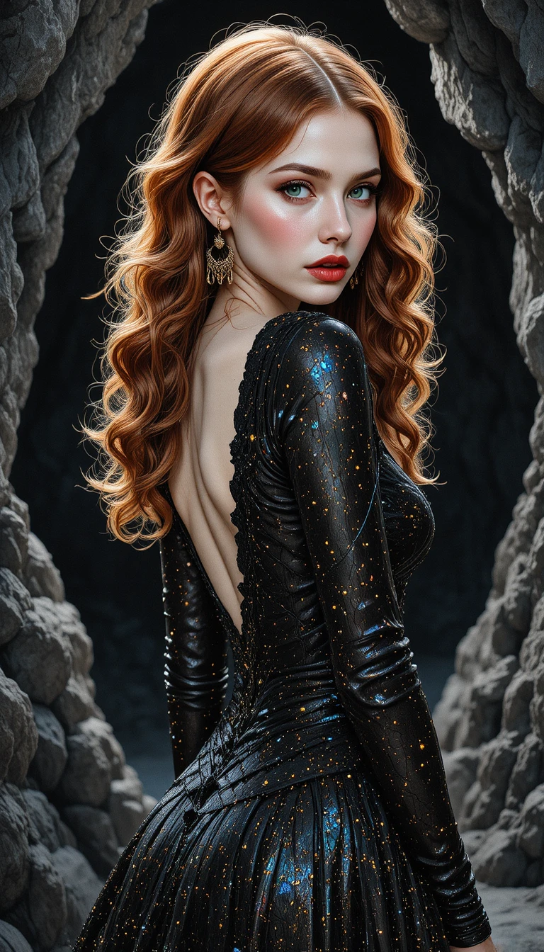 Uma mulher com um vestido preto cintilante posa diante de um fundo escuro e texturizado