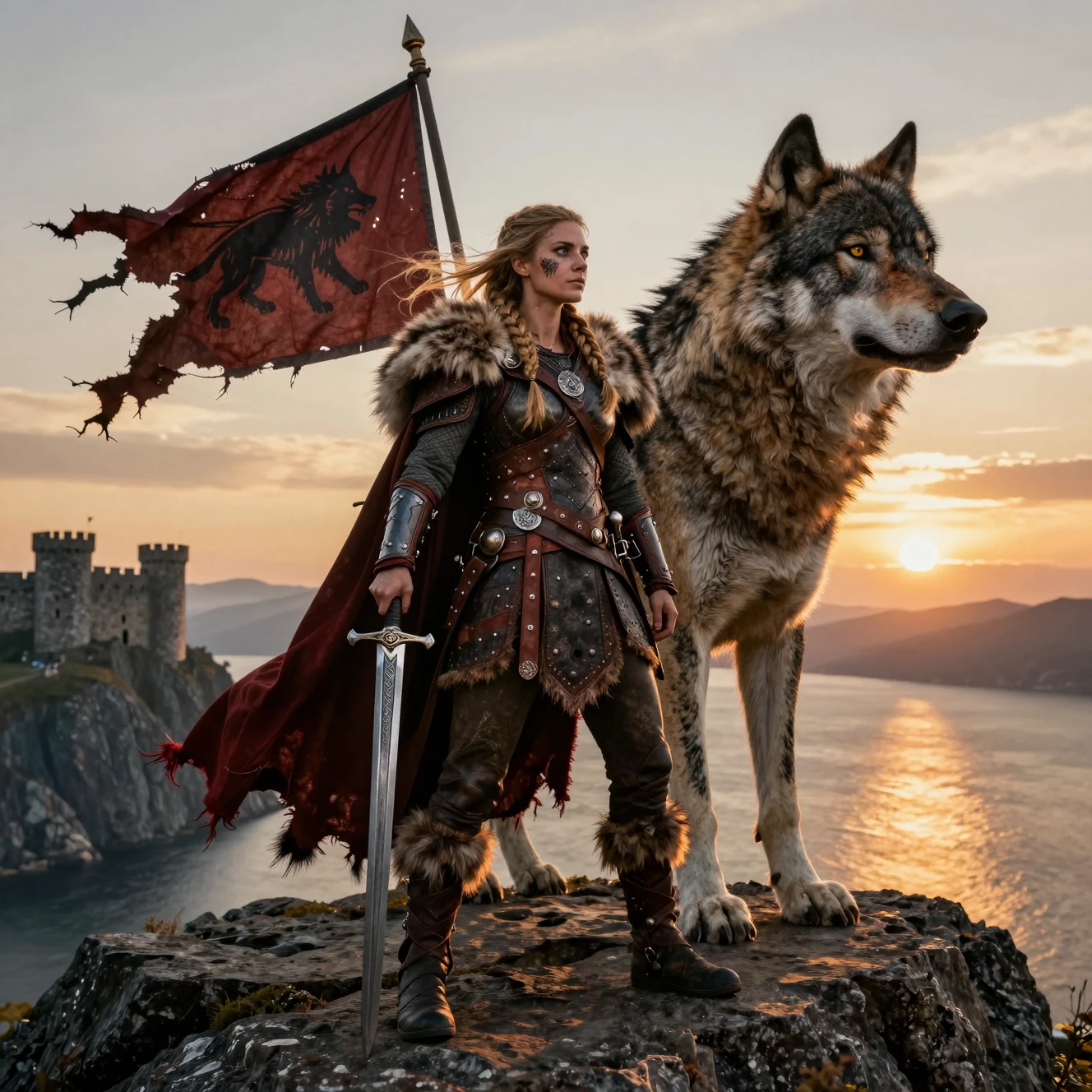 Wikinger-Kriegerprinzessin mit Kriegsbanner neben einem Schreckenswolf auf einer Klippe