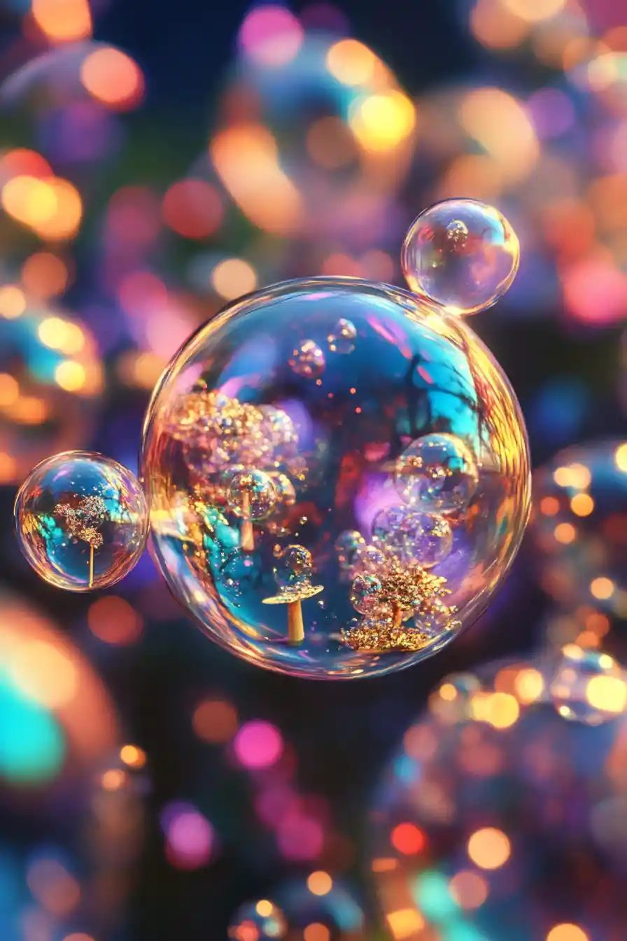 Bolhas de sabão iridescentes guardam pequenos mundos numa paisagem onírica e encantadora