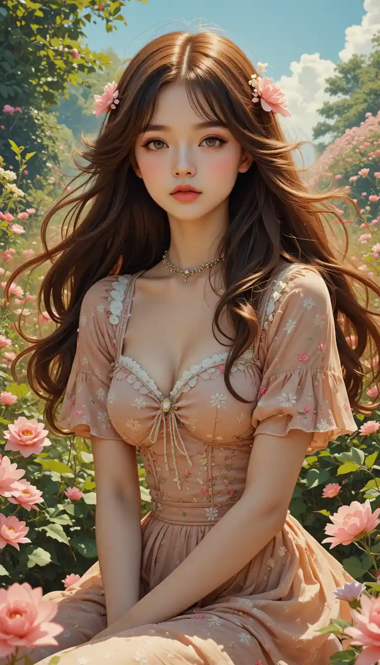 화창한 날 꽃밭에 앉아 있는 만화 소녀